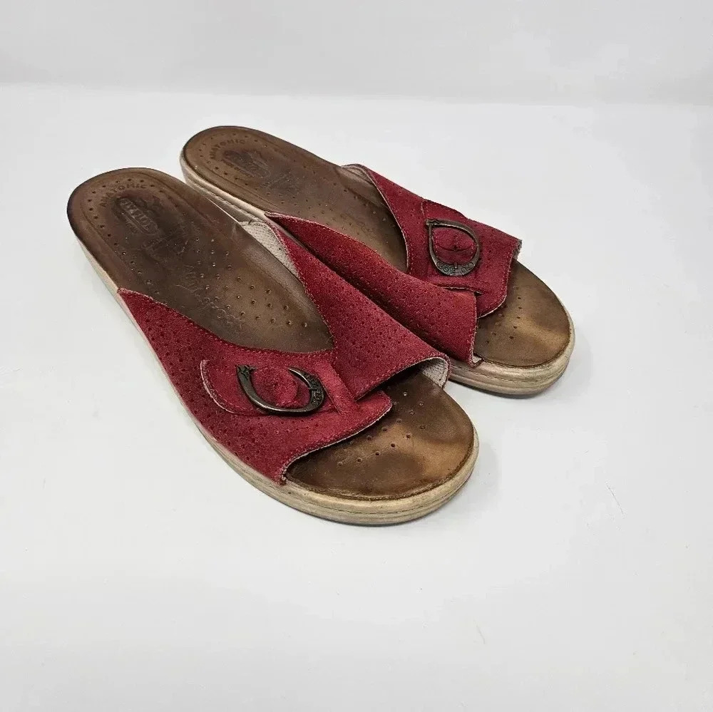 Fly Flot Red Leather Wedge Sandals Size 41 Anatomic Anti Shock Slip On Slides
